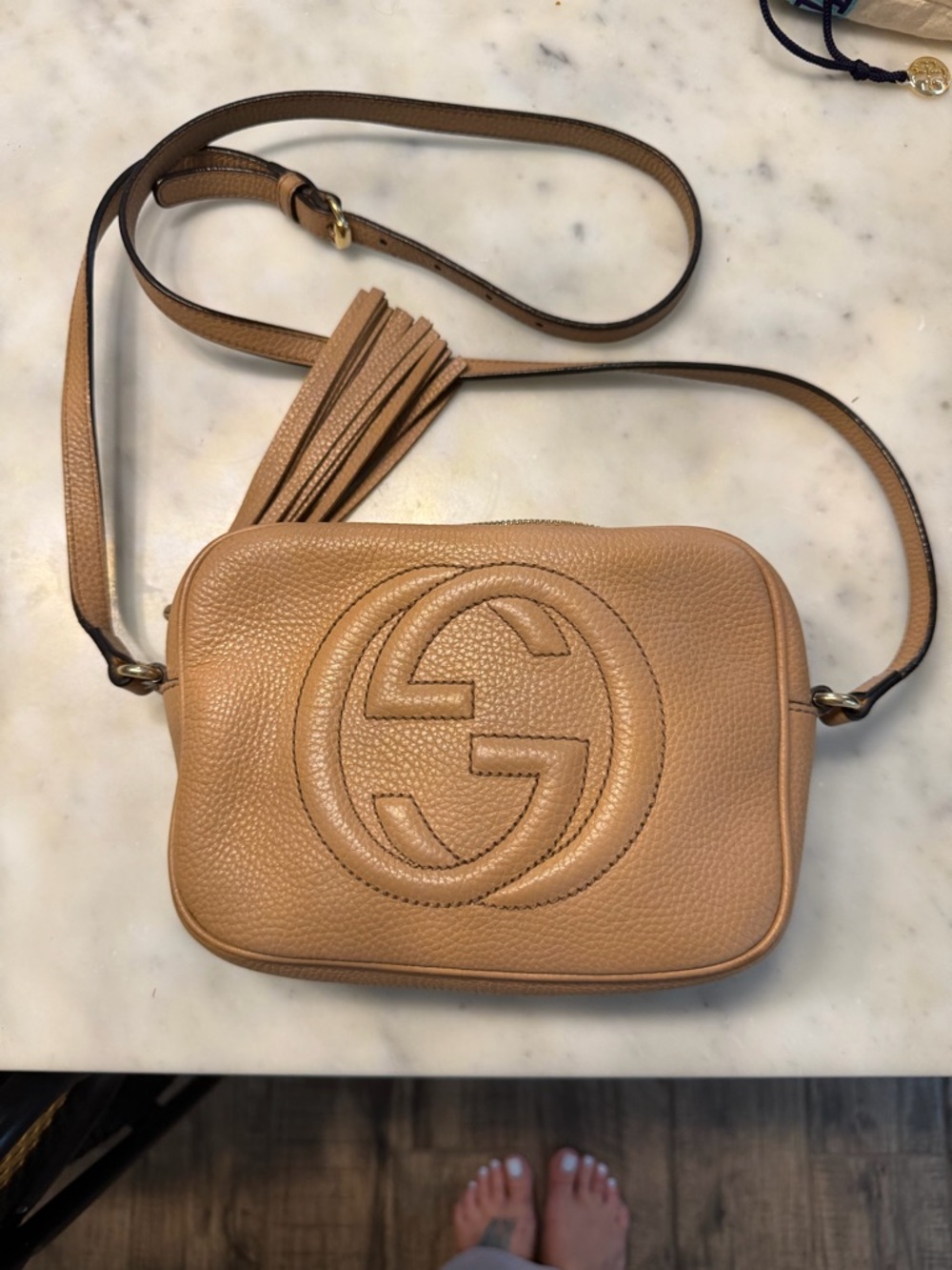 Gucci Pebbled Leather Crossbody Bag in Tan Brown with Tassel